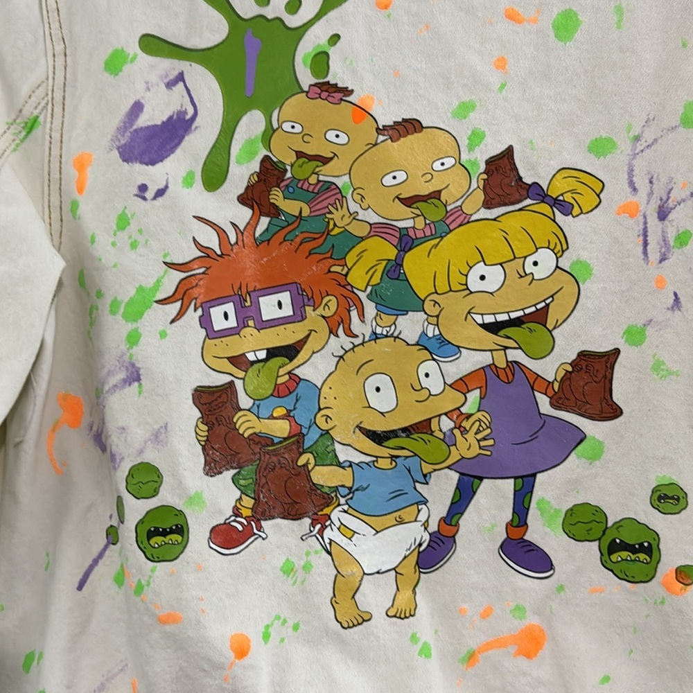 NICKELODEON Rugrats Reptar Bar White Jean Jacket Paint Splatter - Picture 5 of 11